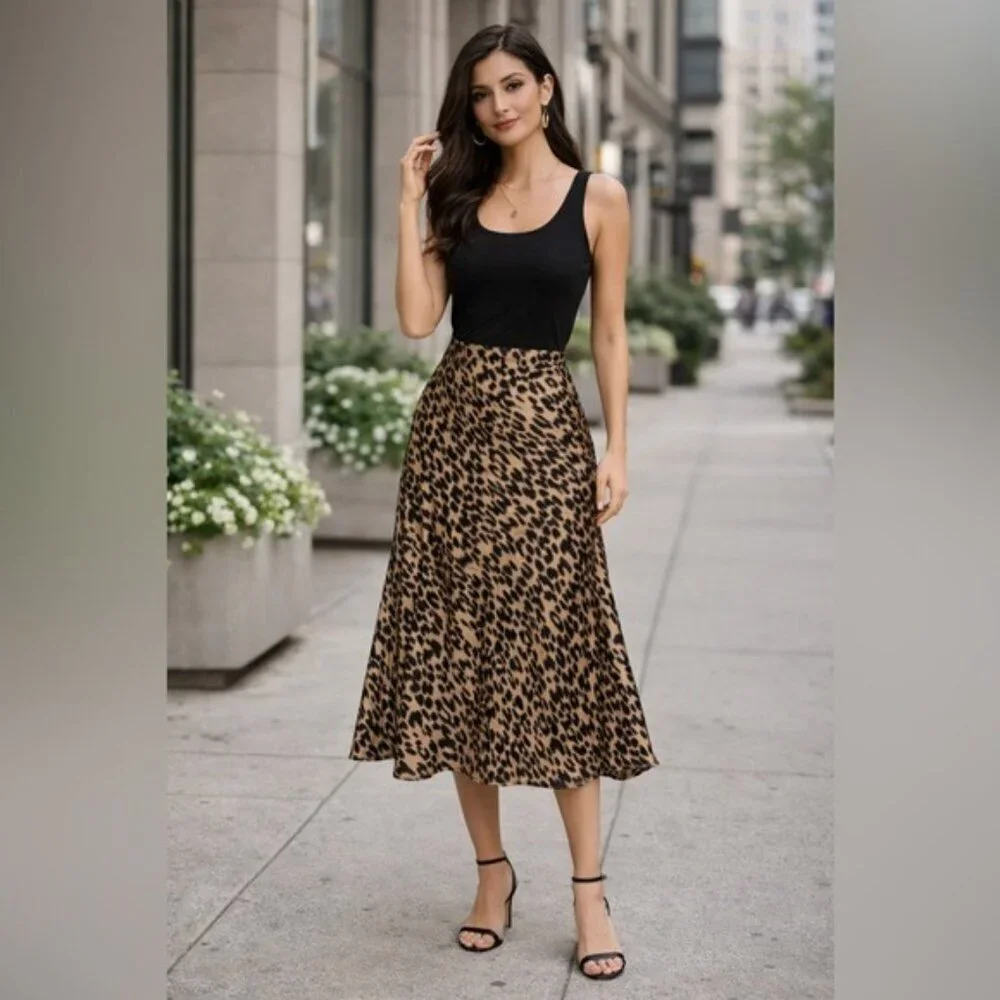 Sienna Sky Satin Leopard Print Midi Skirt Animal Print Medium